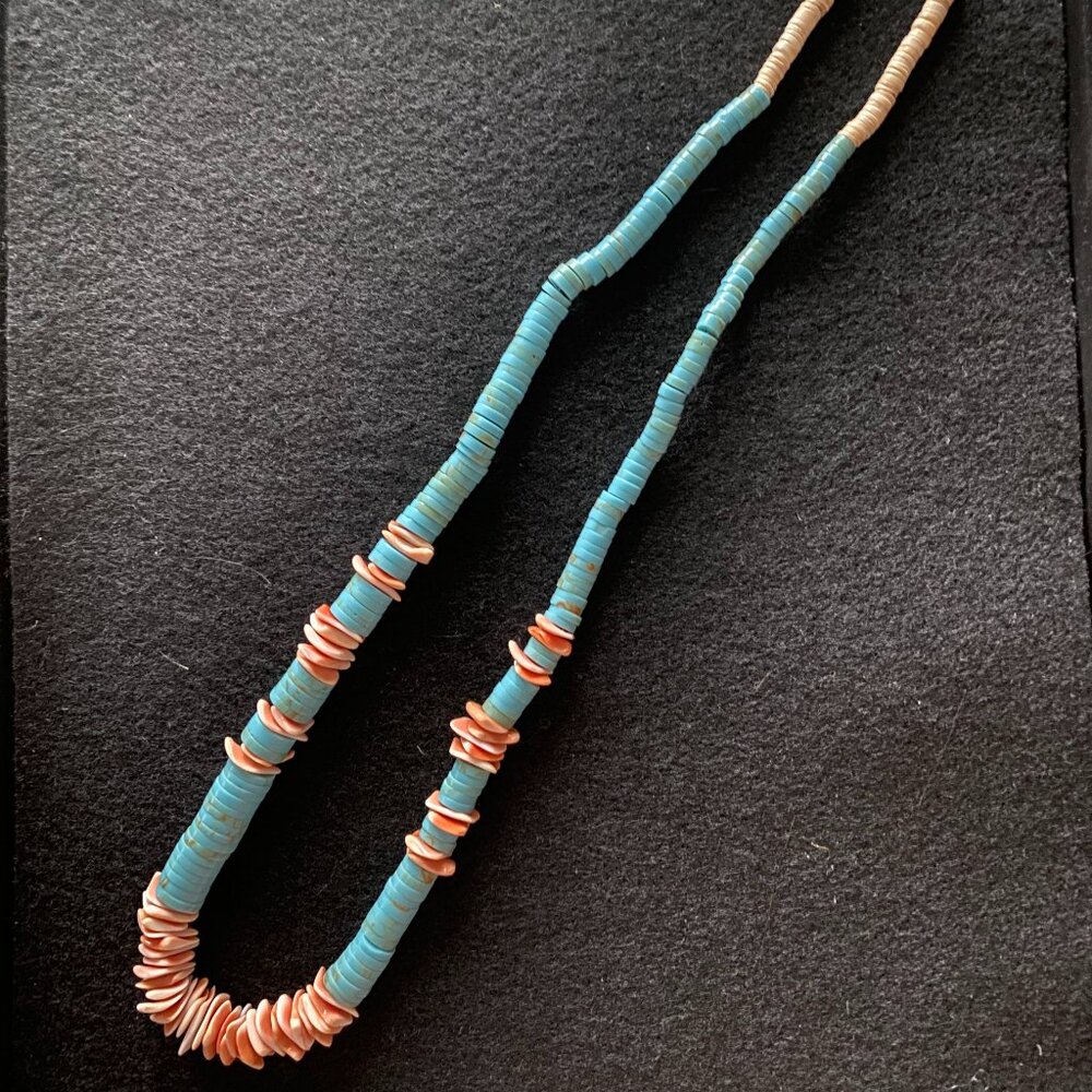 STUNNING NAVAJO HEISHI TURQUOISE & CORAL SHELL NECKLACE 23"